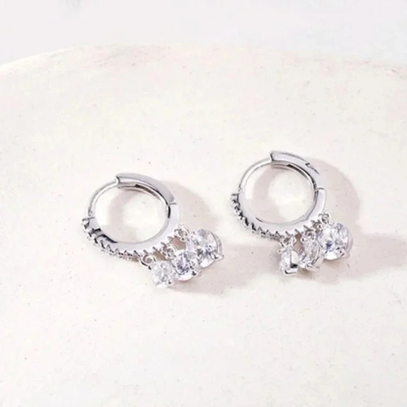 925 Sterling Silver Hoop Diamond Drop Earrings - Picture 1 of 7